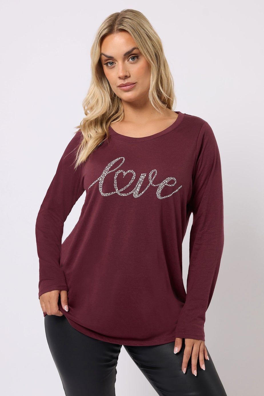 Yours Curve Wine Red 'Love' Long Sleeve T-Shirt