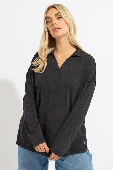 Yours Grey Acid Wash Rugby Collar Top