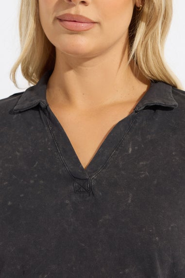 Yours Grey Acid Wash Rugby Collar Top