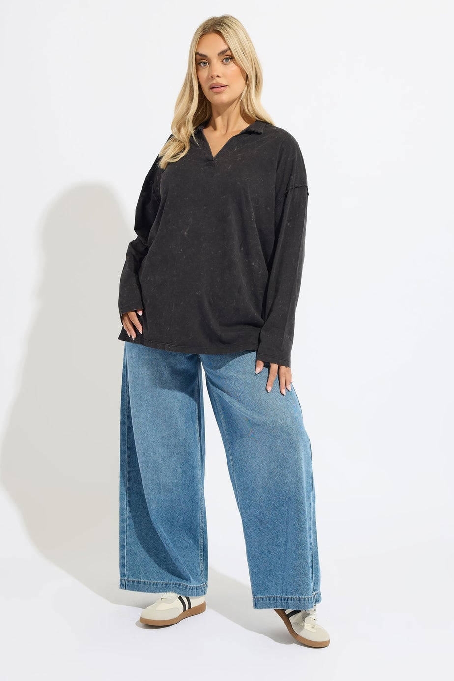 Yours Grey Acid Wash Rugby Collar Top