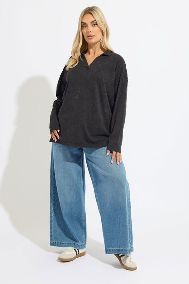 Yours Grey Acid Wash Rugby Collar Top