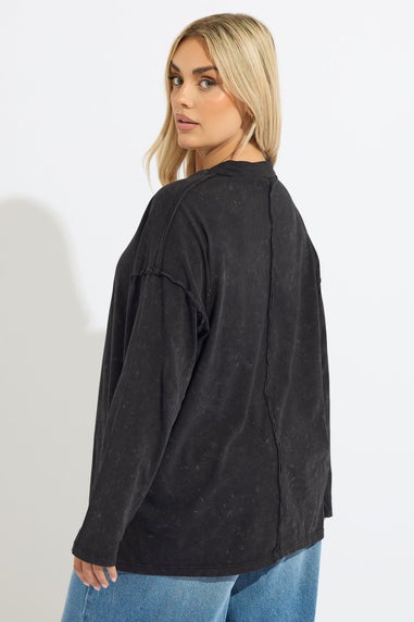 Yours Grey Acid Wash Rugby Collar Top