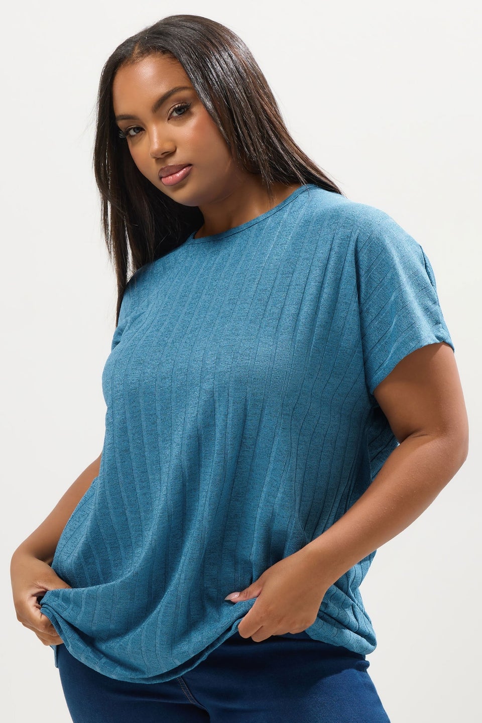 Yours Curve Light Blue Ribbed Swing T-Shirt