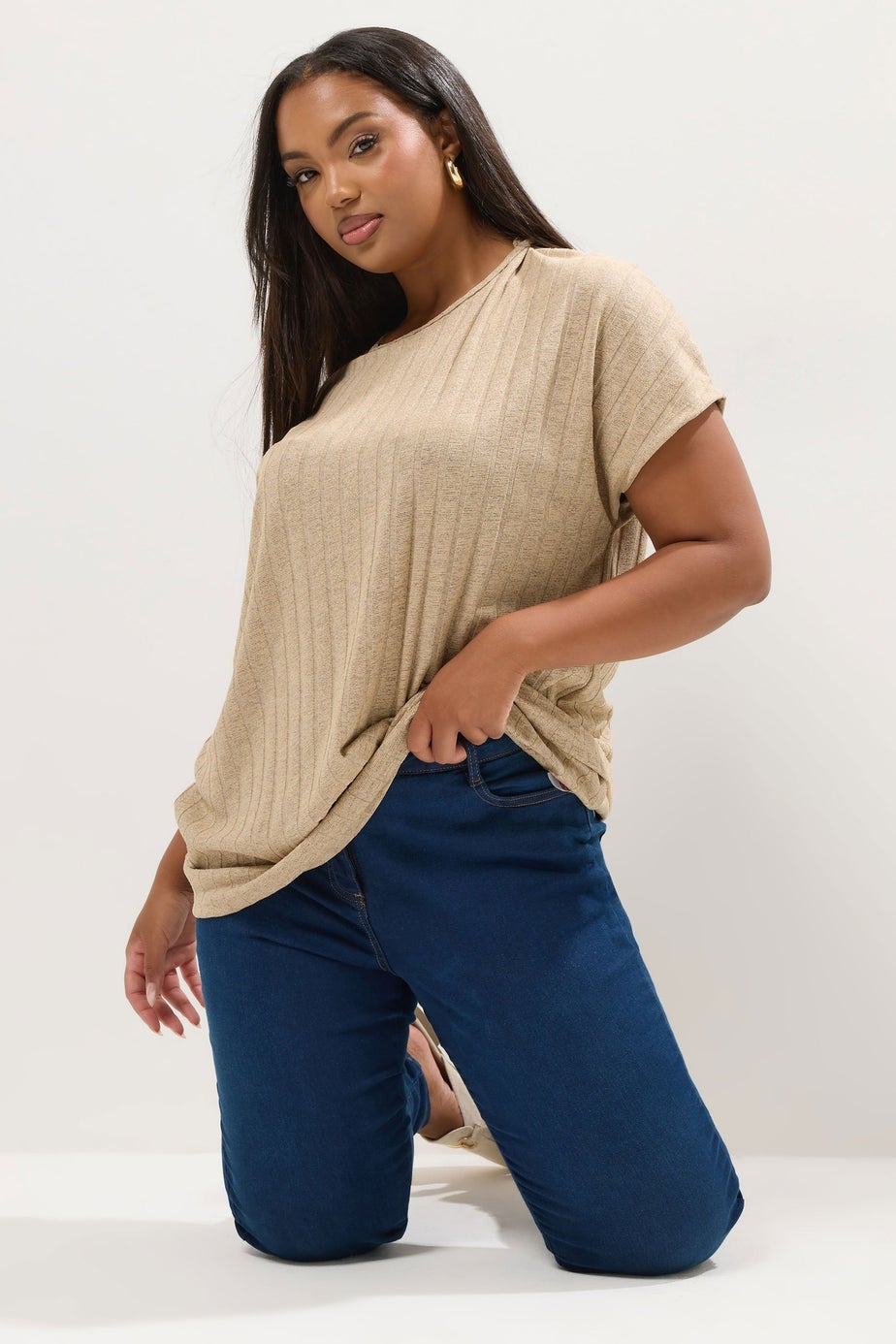 Yours Curve Natural Brown Ribbed Swing T-Shirt