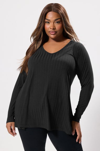 Yours Curve Black Ribbed Swing T-Shirt