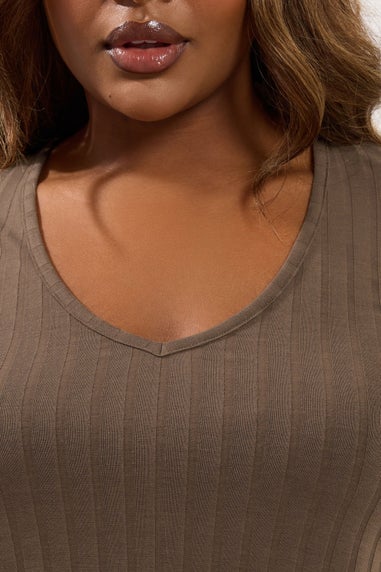 Yours Curve Mocha Brown Ribbed Swing T-Shirt