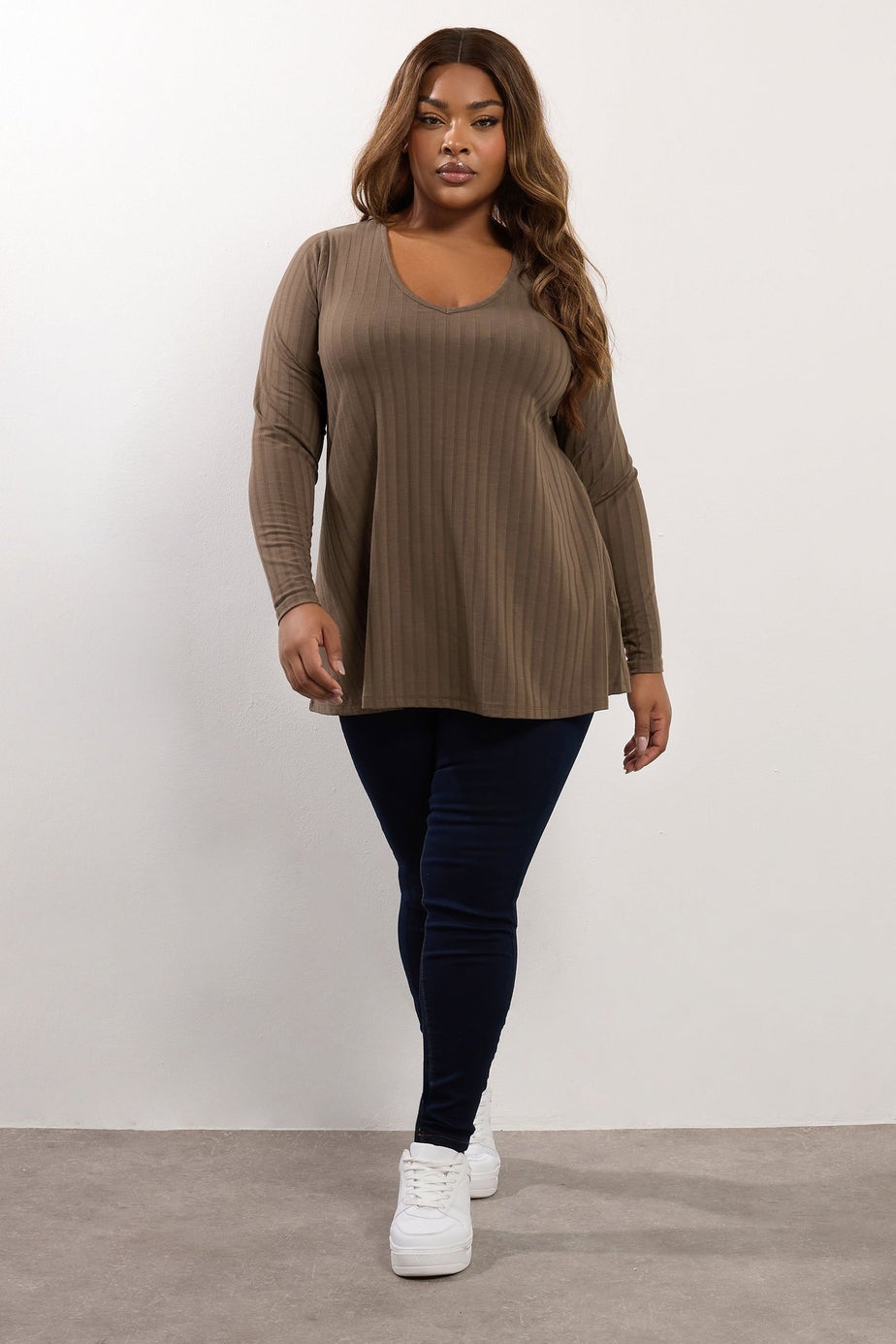 Yours Curve Mocha Brown Ribbed Swing T-Shirt