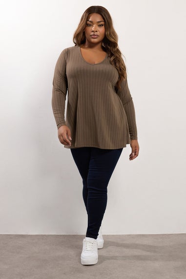 Yours Curve Mocha Brown Ribbed Swing T-Shirt