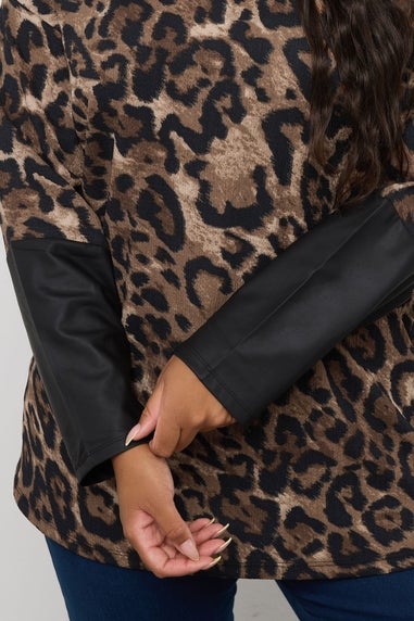 Yours Curve Brown Leopard Print Faux Leather Sleeve Top