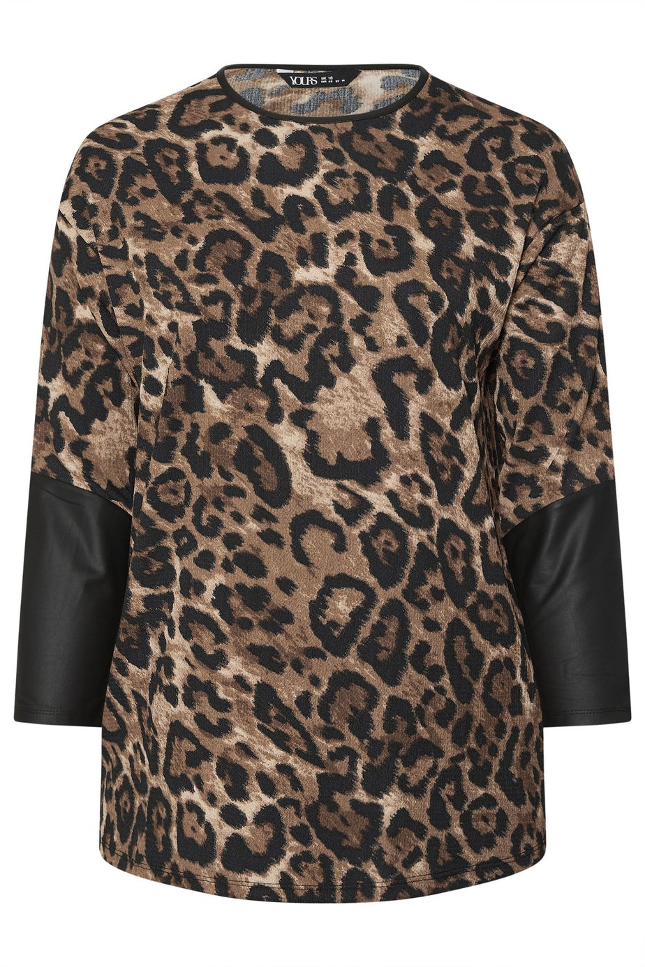 Yours Curve Brown Leopard Print Faux Leather Sleeve Top
