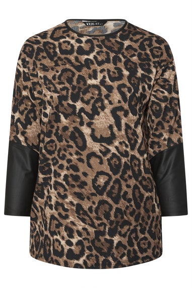 Yours Curve Brown Leopard Print Faux Leather Sleeve Top