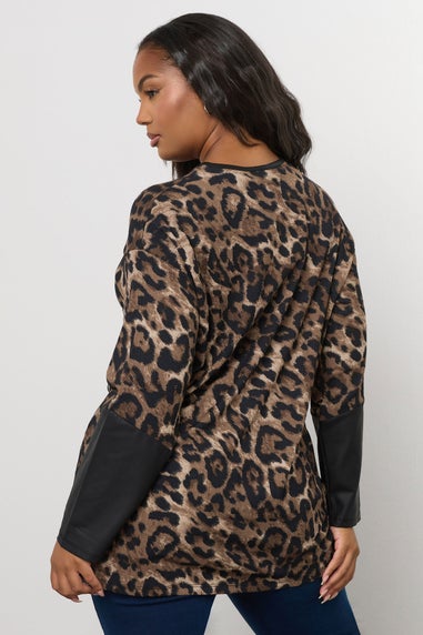 Yours Curve Brown Leopard Print Faux Leather Sleeve Top
