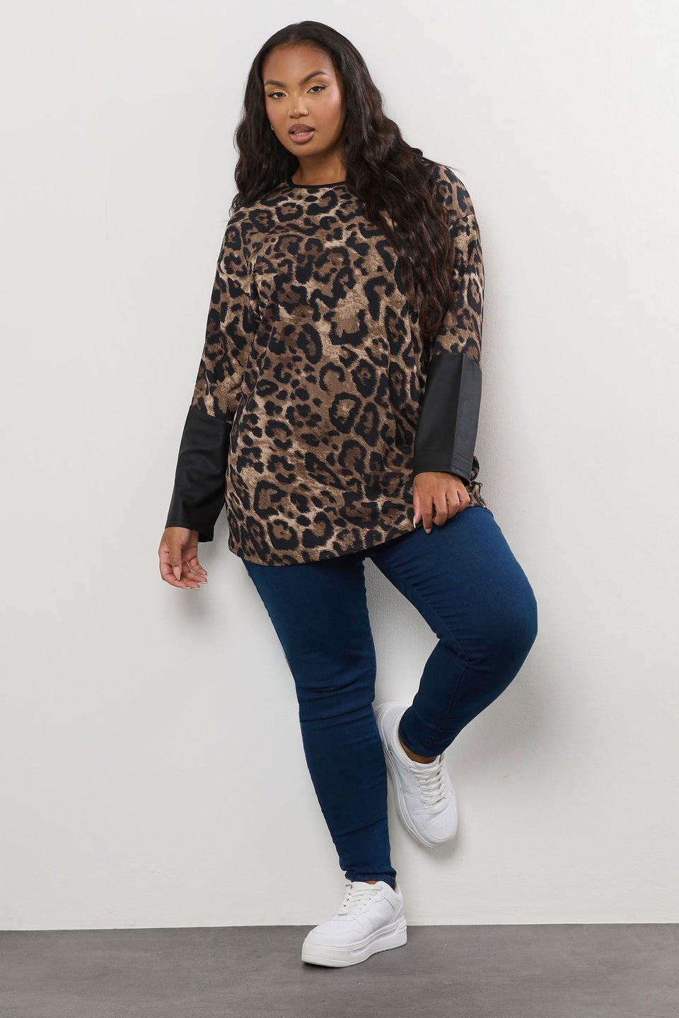 Yours Curve Brown Leopard Print Faux Leather Sleeve Top