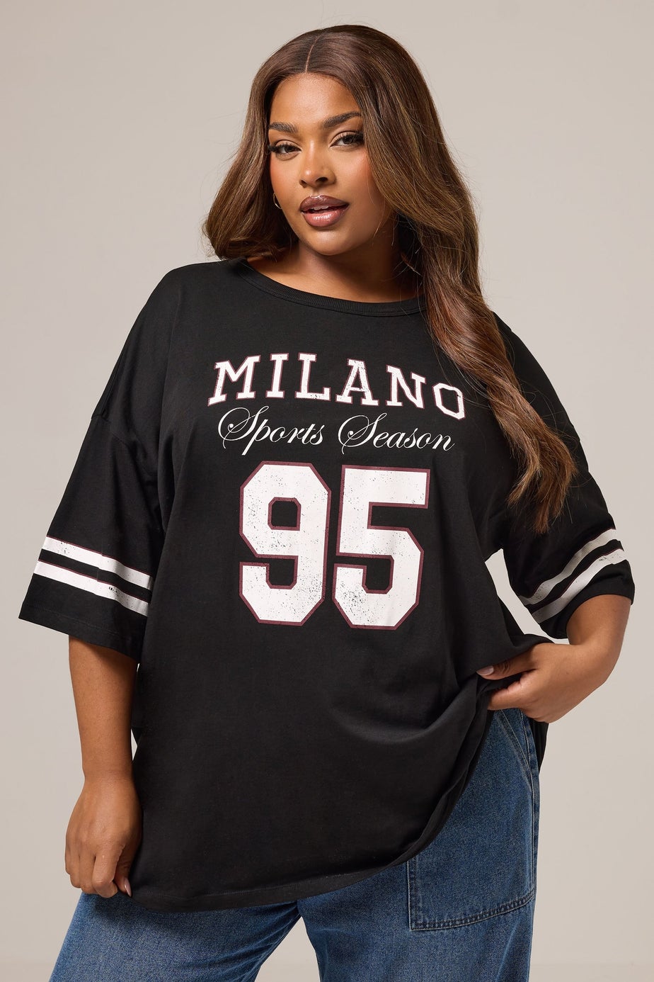 Yours Curve Black 'Milano 95' Varsity Oversized T-Shirt