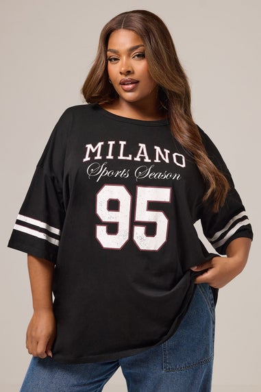 Yours Curve Black 'Milano 95' Varsity Oversized T-Shirt