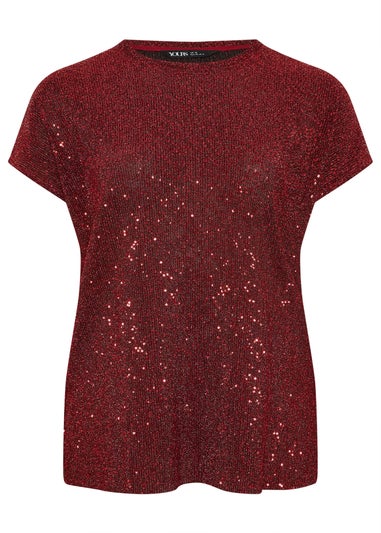 Yours Red Sequin Grown On Sleeve T-Shirt