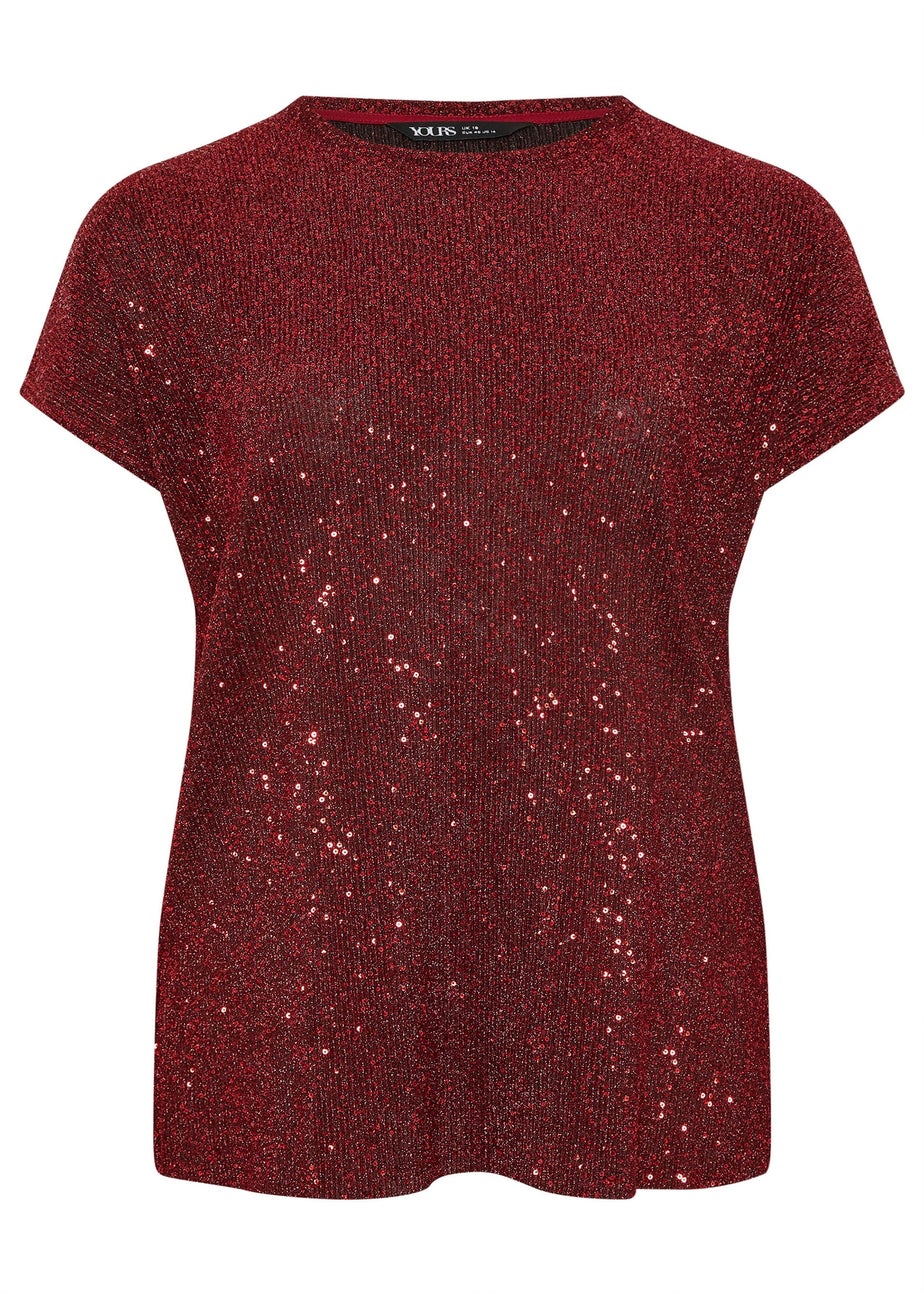 Yours Red Sequin Grown On Sleeve T-Shirt