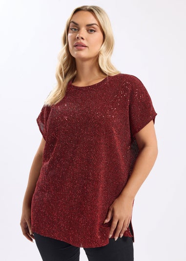 Yours Red Sequin Grown On Sleeve T-Shirt