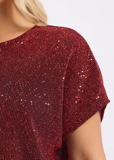 Yours Red Sequin Grown On Sleeve T-Shirt