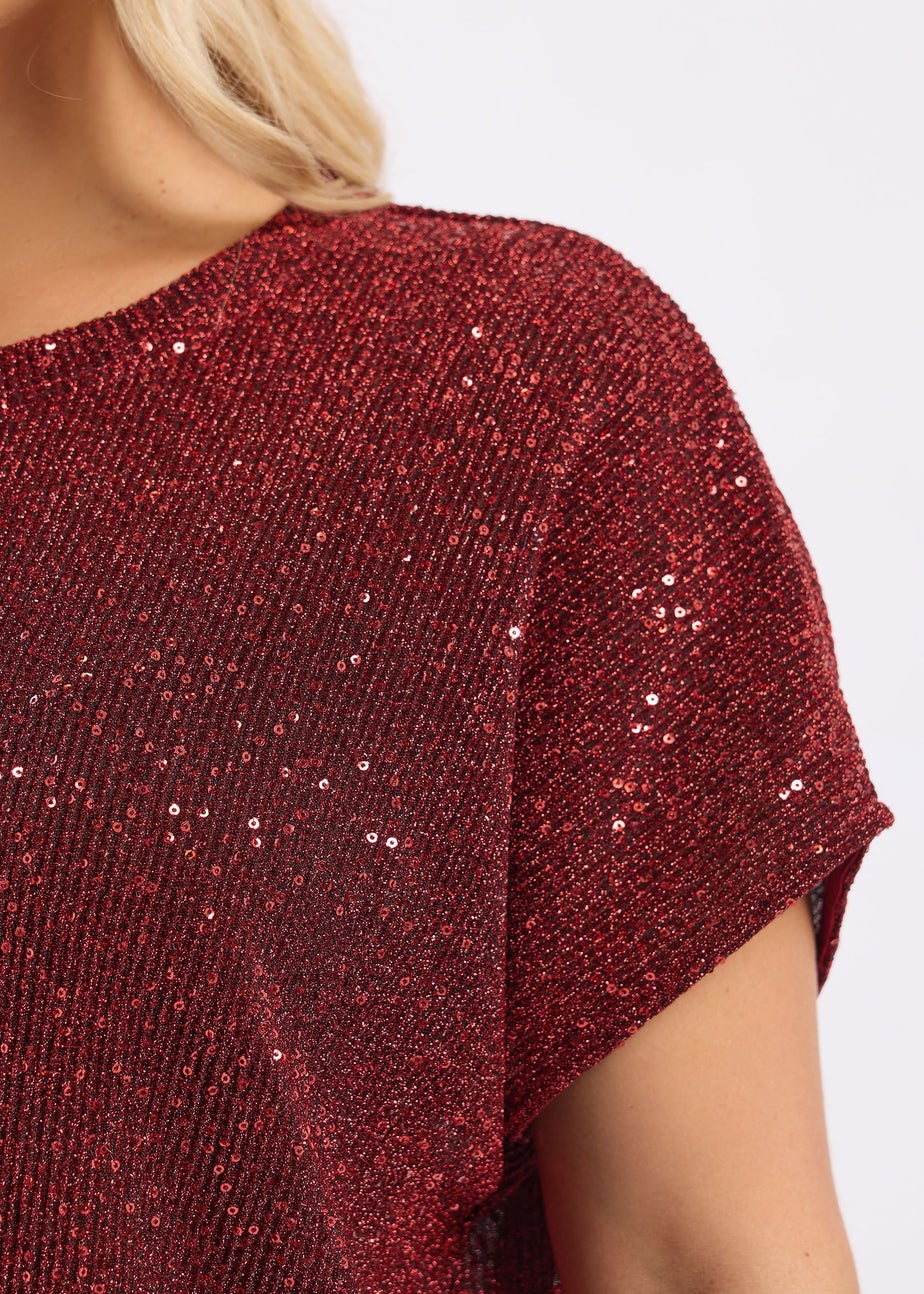 Yours Red Sequin Grown On Sleeve T-Shirt