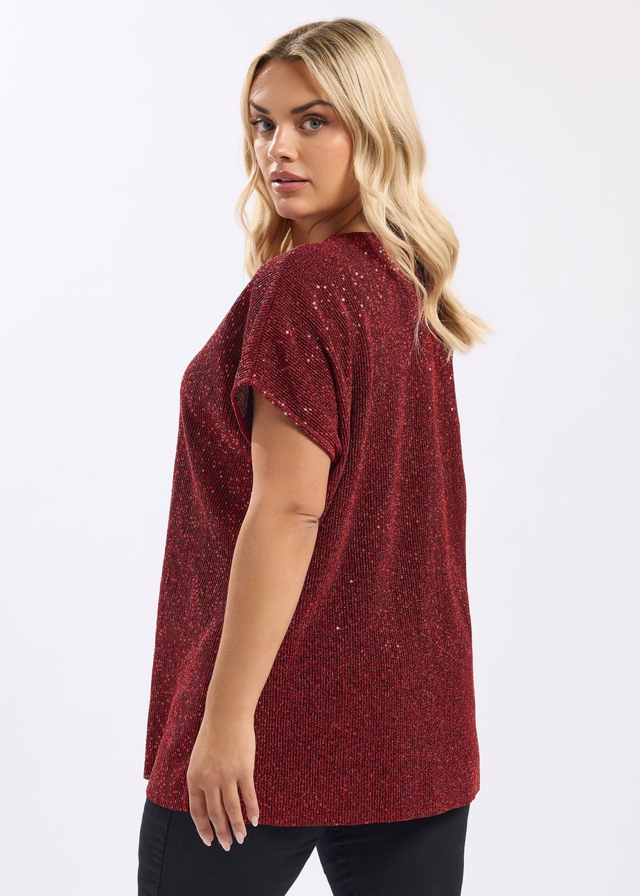 Yours Red Sequin Grown On Sleeve T-Shirt