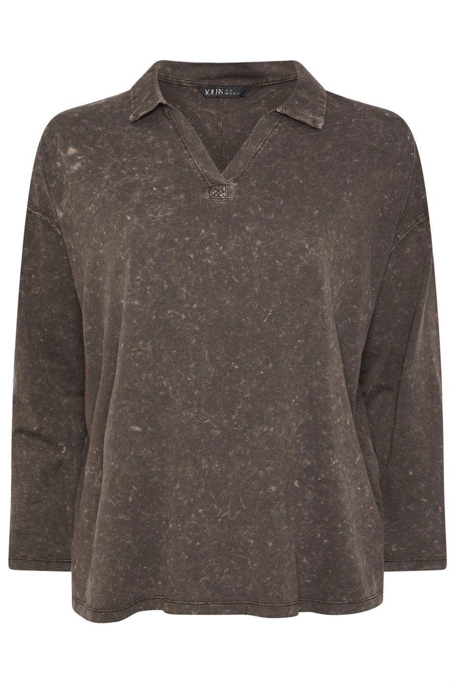 Yours Curve Brown Acid Wash Rugby Collar Top