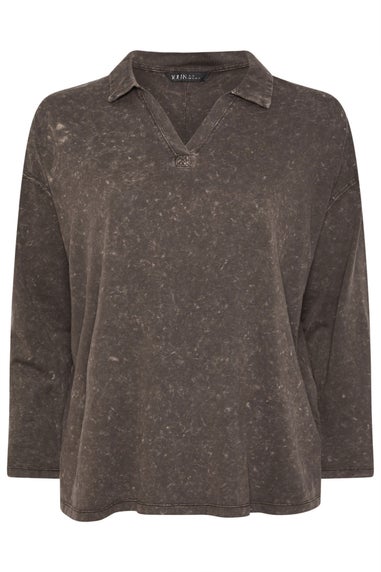 Yours Curve Brown Acid Wash Rugby Collar Top