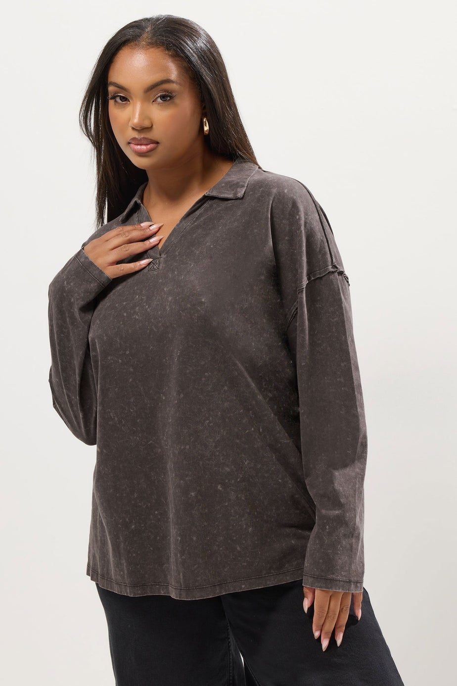 Yours Curve Brown Acid Wash Rugby Collar Top