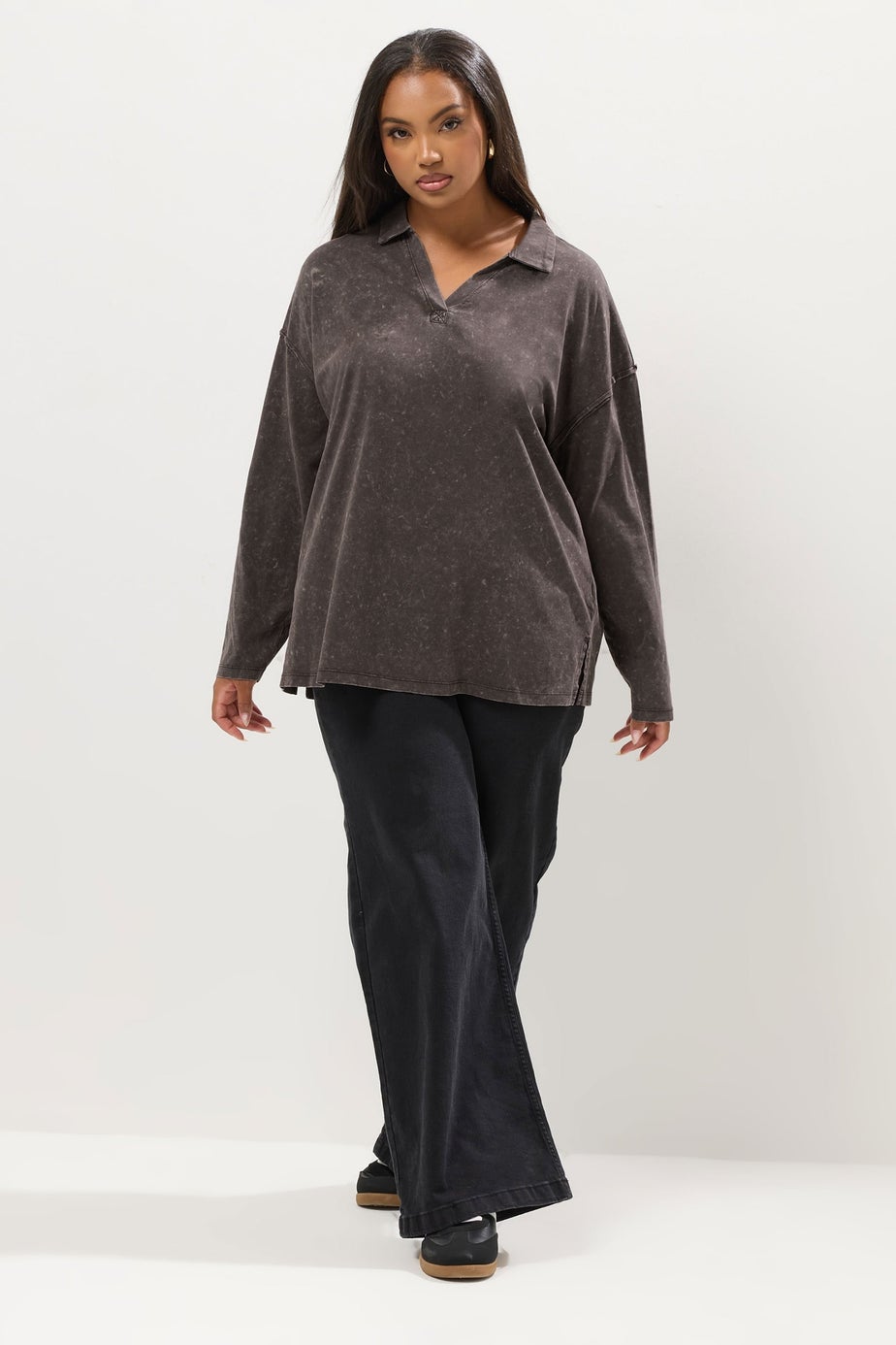 Yours Curve Brown Acid Wash Rugby Collar Top