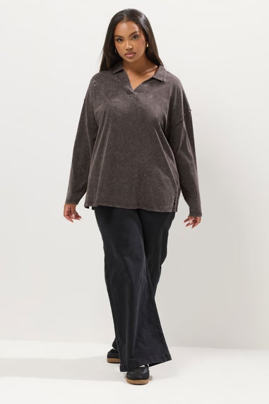 Yours Curve Brown Acid Wash Rugby Collar Top
