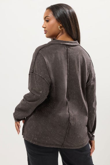 Yours Curve Brown Acid Wash Rugby Collar Top