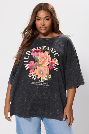 Yours Grey Acid Wash Floral Design Oversized T-Shirt