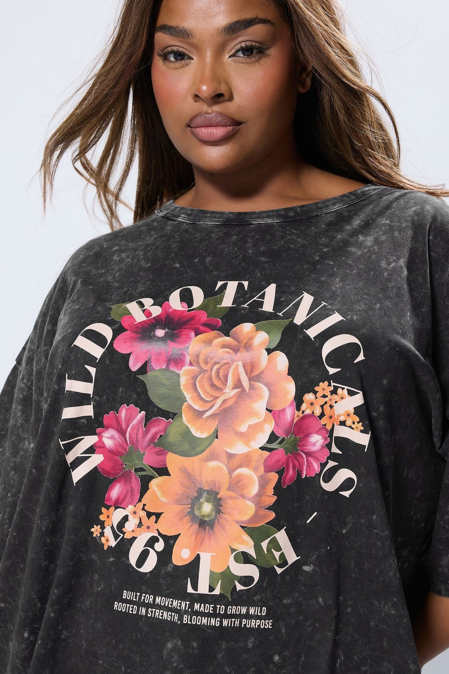 Yours Grey Acid Wash Floral Design Oversized T-Shirt