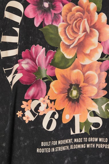 Yours Grey Acid Wash Floral Design Oversized T-Shirt