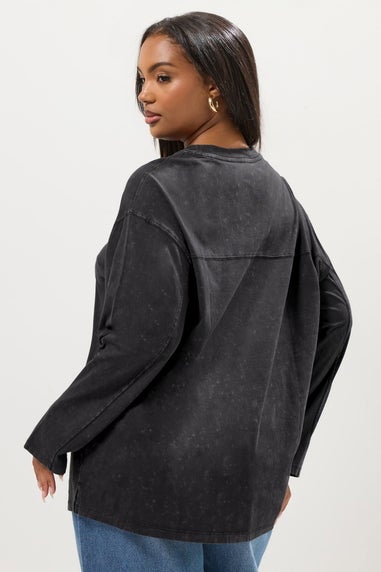 YOURS Curve Grey Acid Wash Seam Skater Detail Top