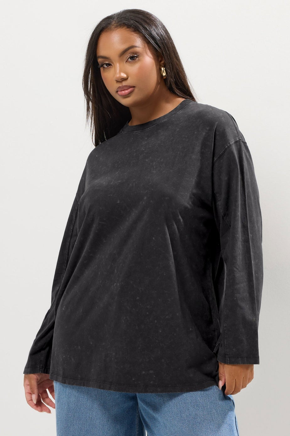 YOURS Curve Grey Acid Wash Seam Skater Detail Top