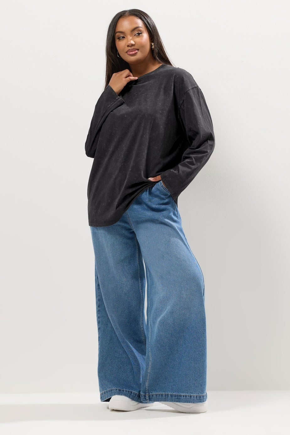 YOURS Curve Grey Acid Wash Seam Skater Detail Top