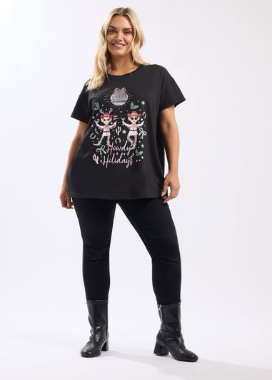 Yours Curve Black 'Howdy Holidays' Sequin Embellished T-Shirt