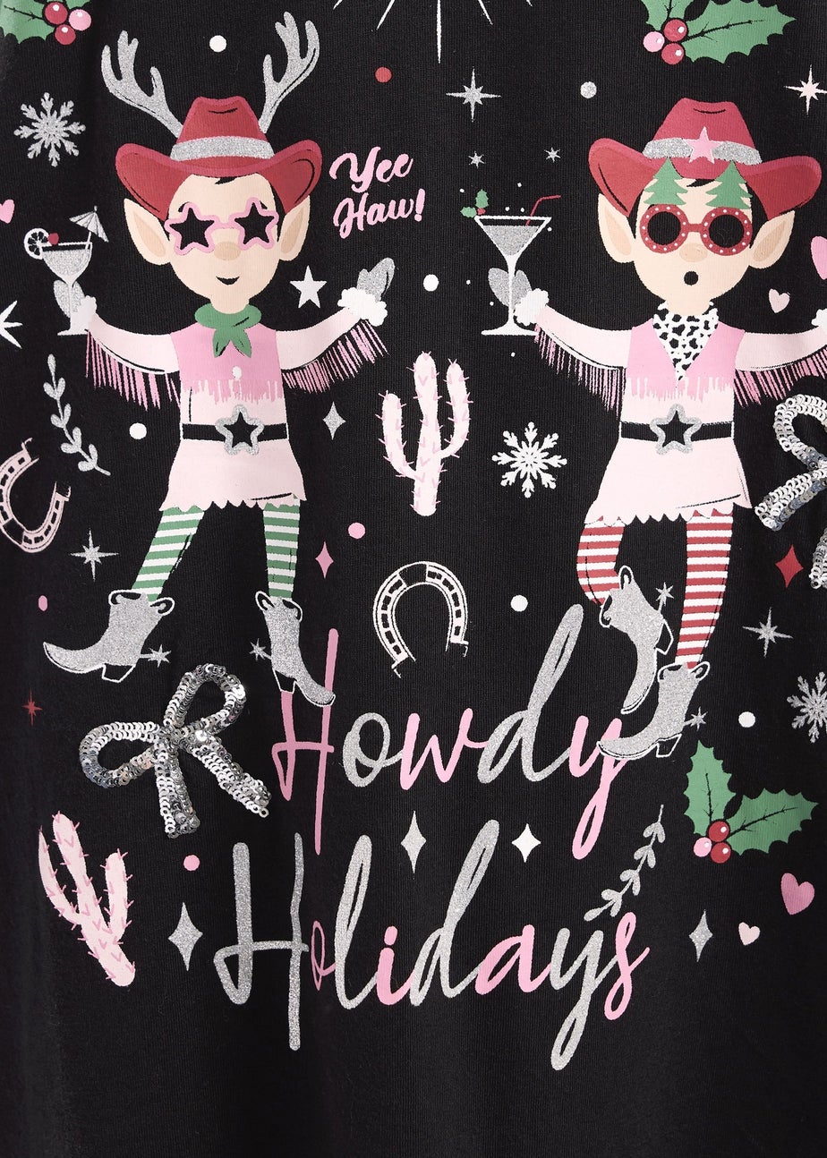 Yours Curve Black 'Howdy Holidays' Sequin Embellished T-Shirt