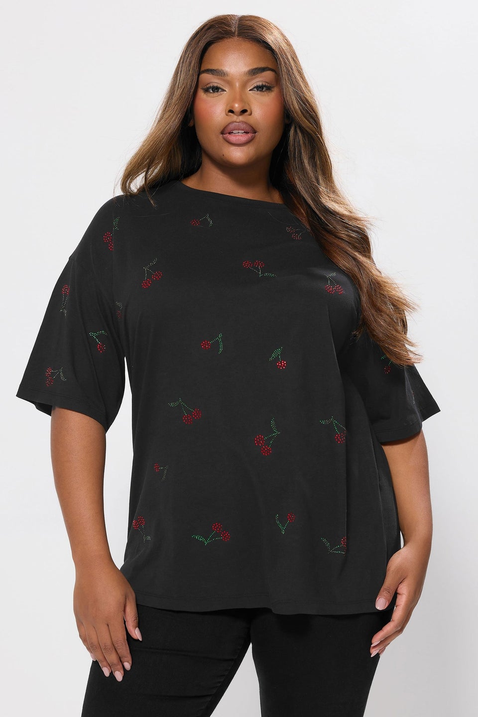 Yours Curve Black Embellished Cherry Oversized T-Shirt