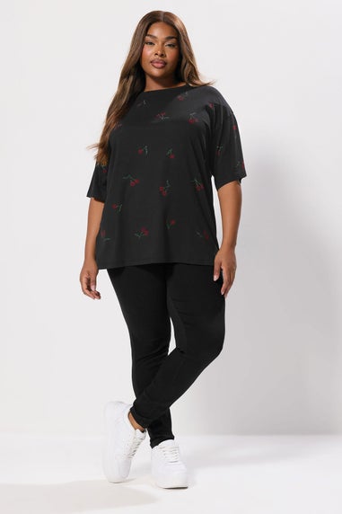 Yours Curve Black Embellished Cherry Oversized T-Shirt