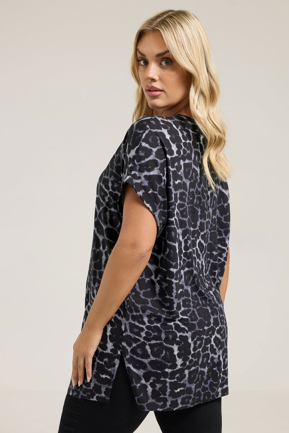 Yours Curve Grey Leopard Print Grown On Sleeve T-Shirt