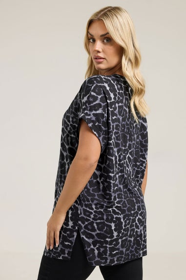 Yours Curve Grey Leopard Print Grown On Sleeve T-Shirt