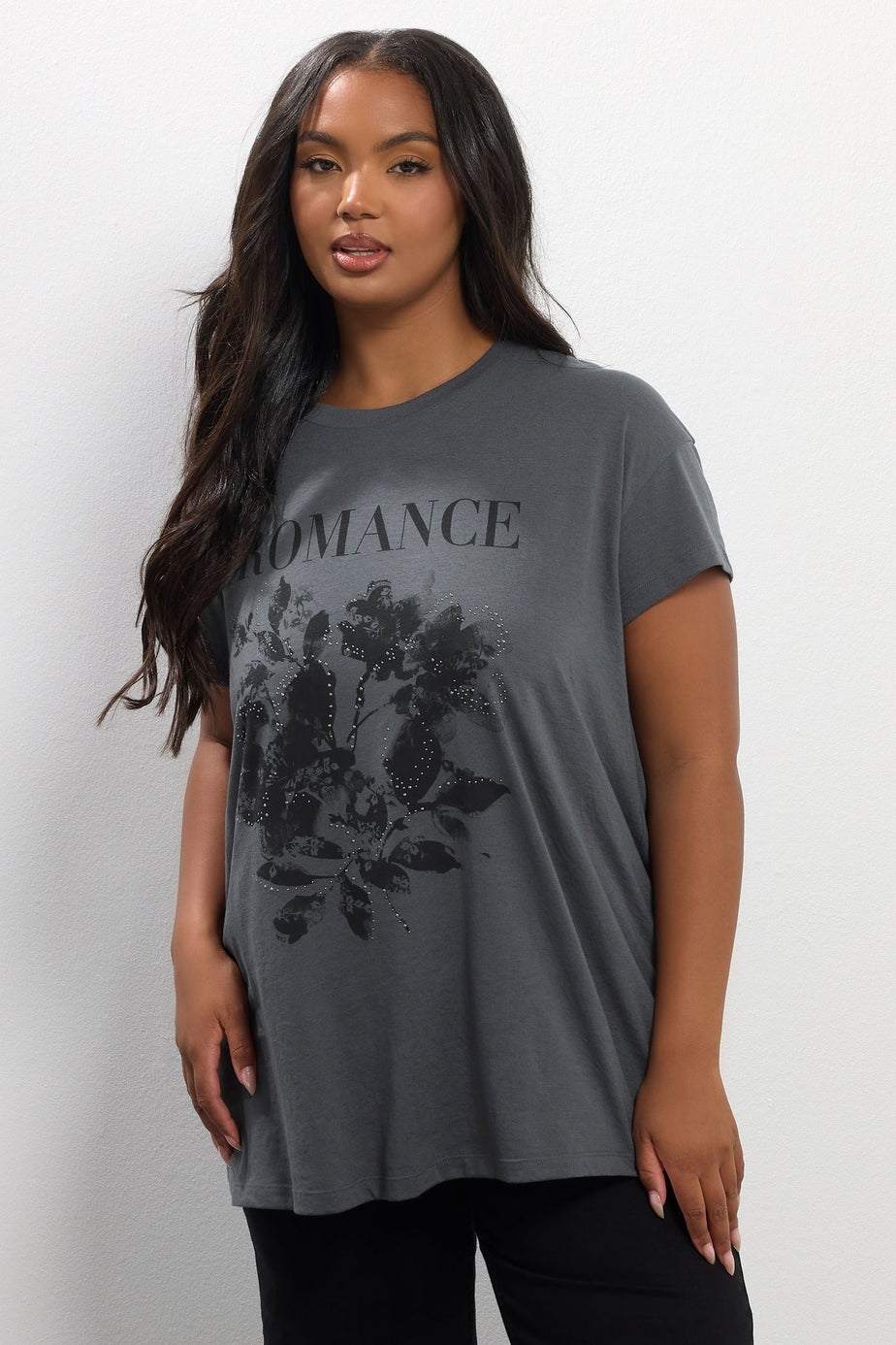 Yours Grey Floral 'Romance' Embellished Slogan T-Shirt