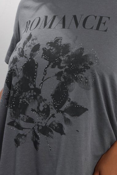 Yours Grey Floral 'Romance' Embellished Slogan T-Shirt