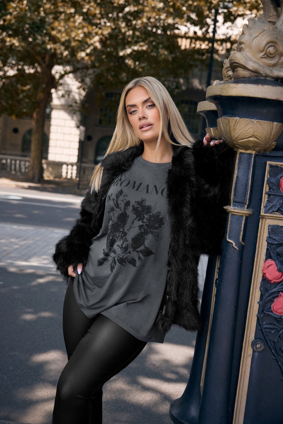 Yours Grey Floral 'Romance' Embellished Slogan T-Shirt