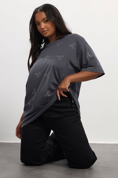Yours Curve Grey Embellished Bow Oversized T-Shirt