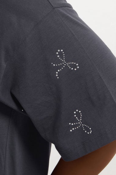 Yours Curve Grey Embellished Bow Oversized T-Shirt