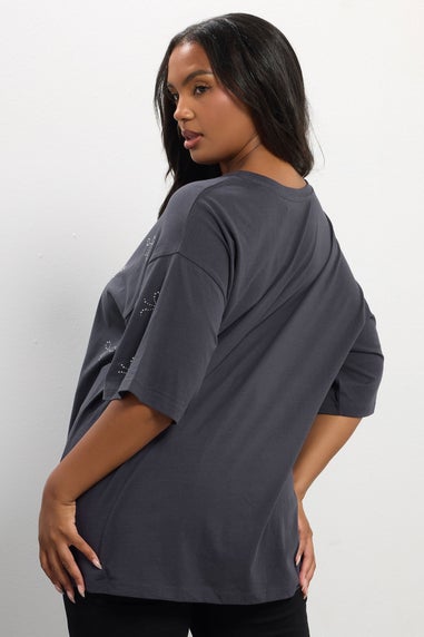 Yours Curve Grey Embellished Bow Oversized T-Shirt