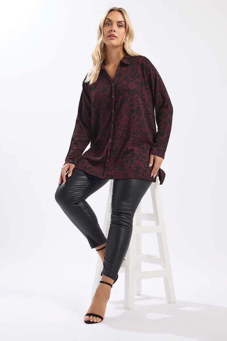 Yours Curve Black Floral Print Textured Shirt
